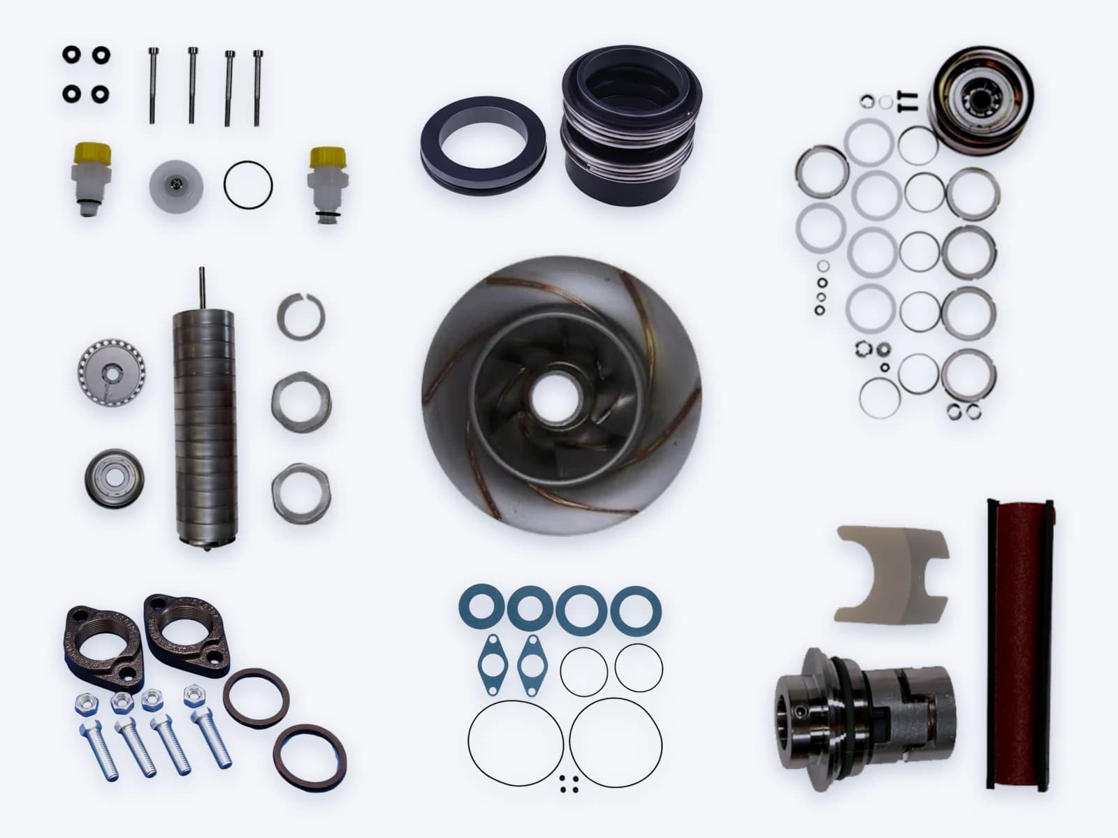 Repuestos originales Grundfos: impulsor, paquete hidráulico, sellos mecánicos, kits de cierre, kits de empaques y bridas